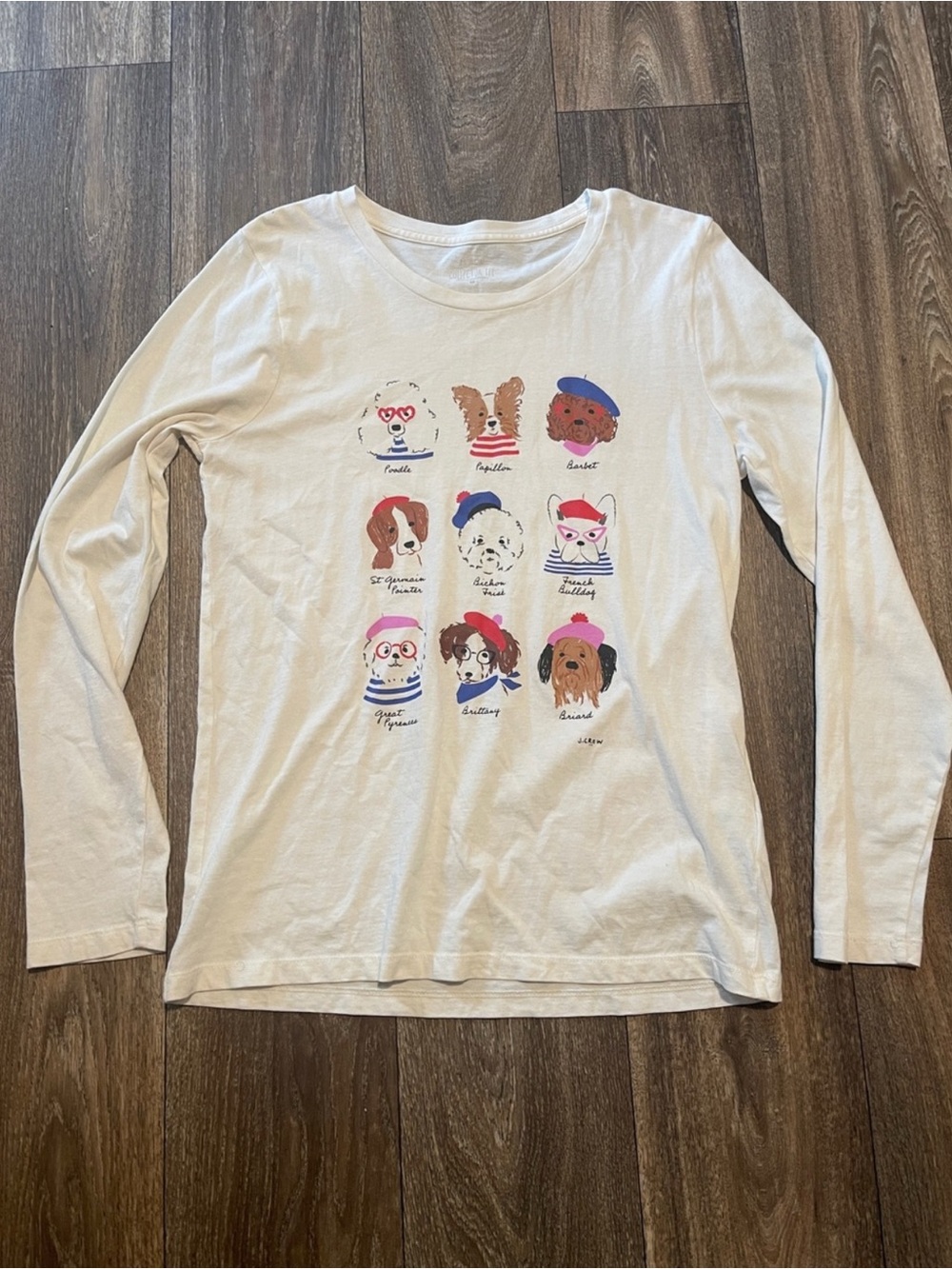 J.Crew Collector Tee Women’s Size M French Dogs Long Sleeve Cream Cotton Graphic